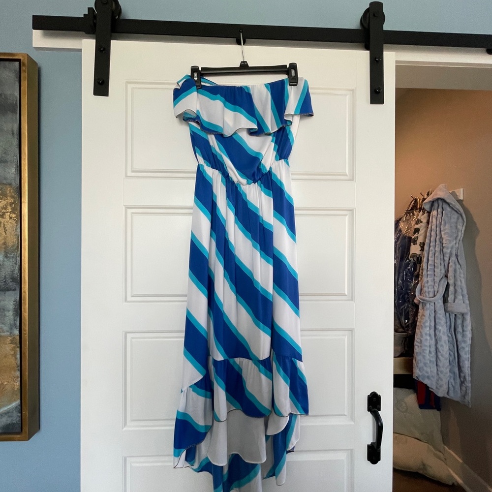 Lilly Pulitzer Blue & White Diagonal Stripe Off-Shoulder High-Low Dress